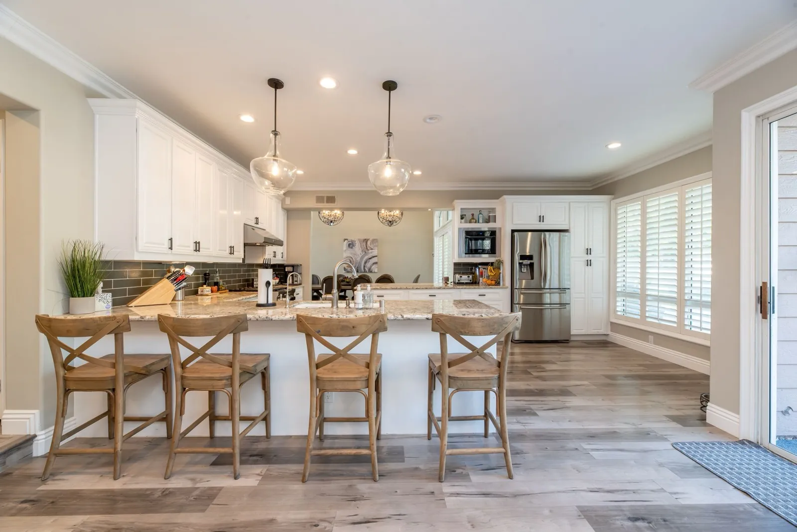 Kitchen counter left clear and spotless after a cleaning