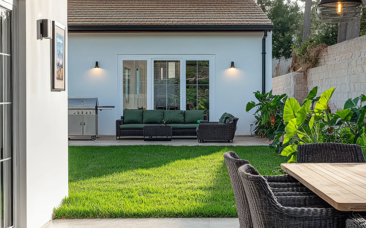 Covered patio and lawn with clean outdoor flooring